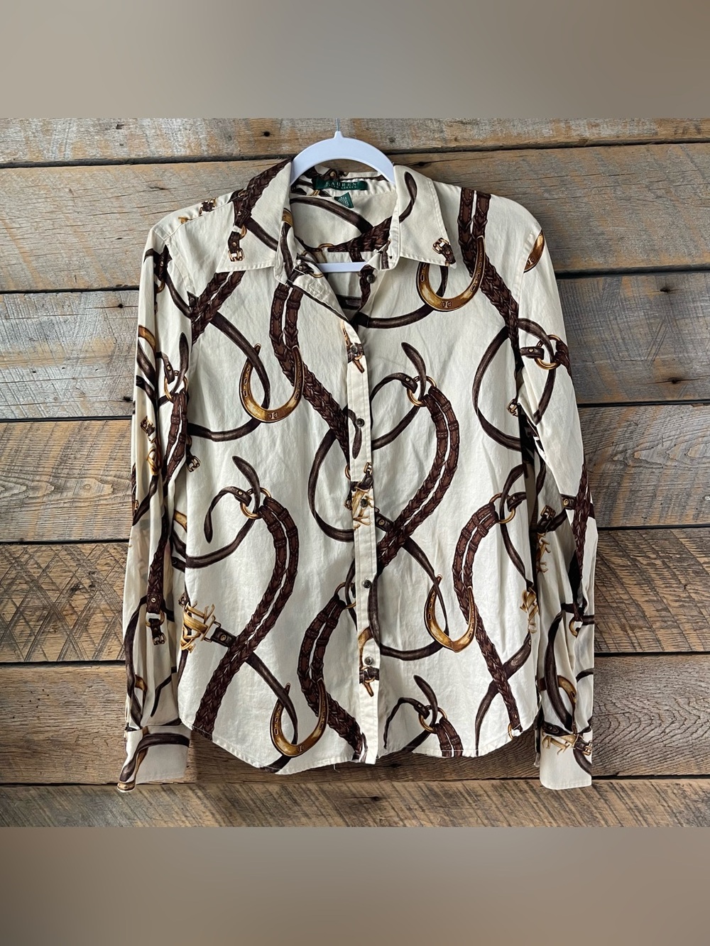 Lauren Ralph Lauren Shirt Womens Large Equestrian Belting Print White Button Up